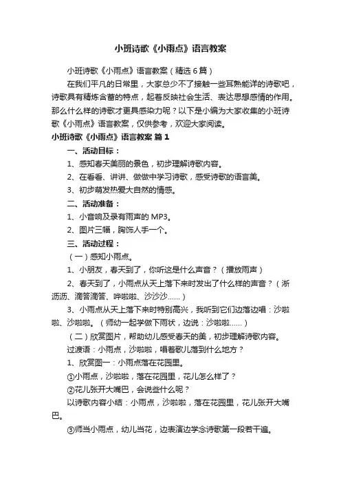 小班诗歌《小雨点》语言教案（精选6篇）