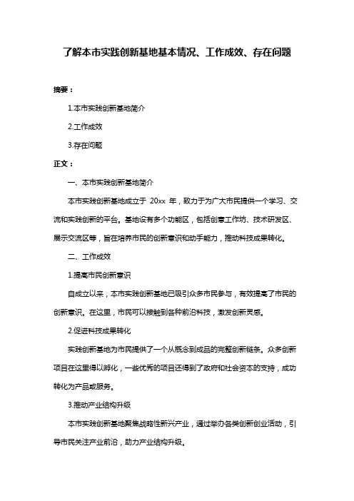 了解本市实践创新基地基本情况、工作成效、存在问题