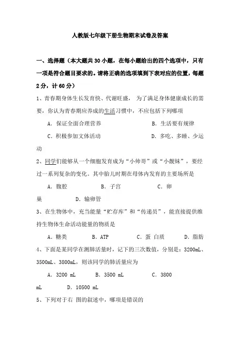 2019-2020学年人教版七年级下册生物期末试卷及答案