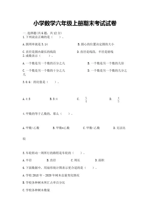 小学数学六年级上册期末考试试卷(完整版)