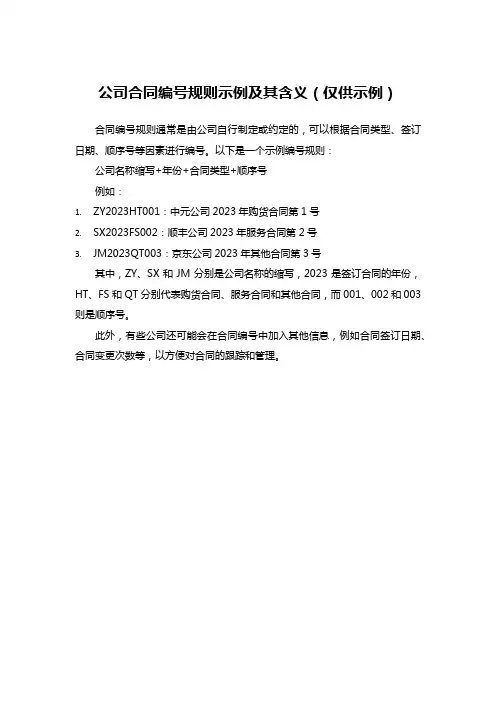 公司合同编号规则示例及其含义(仅供示例)