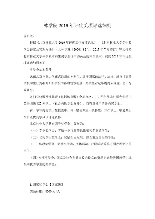 林学院2019年评优奖项评选细则