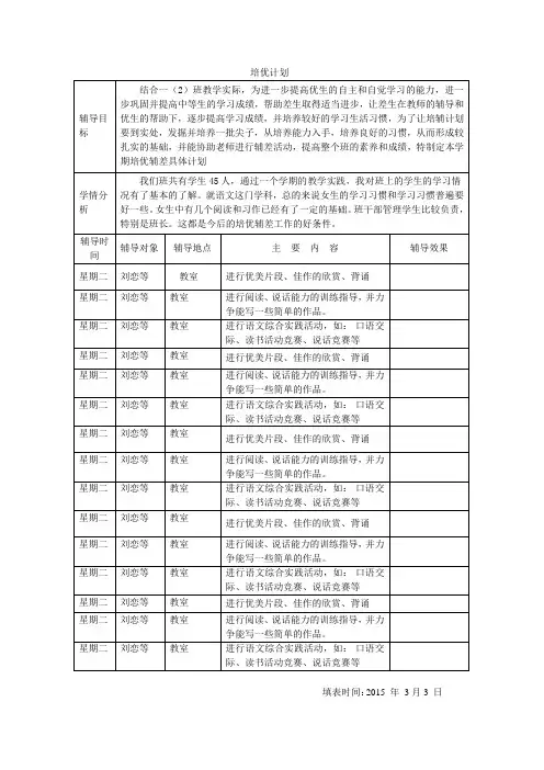 一年级下语文培优补困计划表