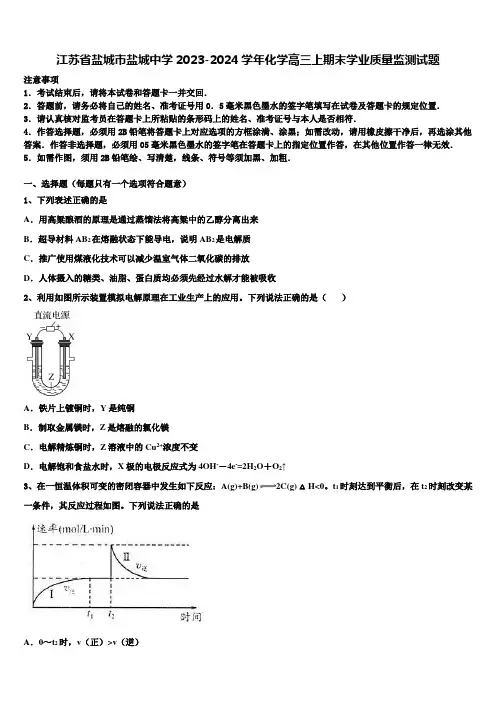 江苏省盐城市盐城中学2023-2024学年化学高三上期末学业质量监测试题含解析