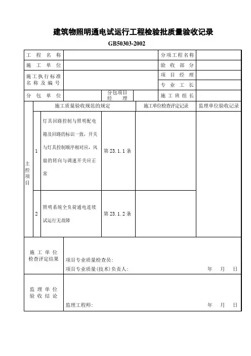 建筑物照明通电试运行检验批质量验收记录