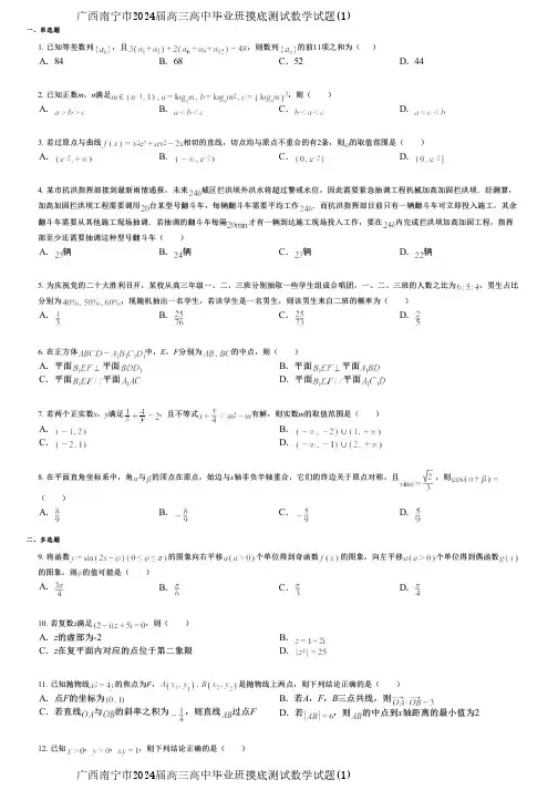 广西南宁市2024届高三高中毕业班摸底测试数学试题(1)