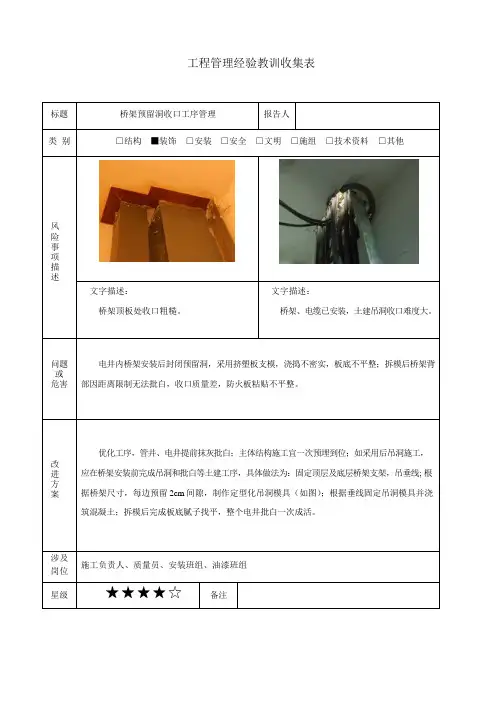 工程管理经验教训收集表(桥架预留洞收口工序管理)