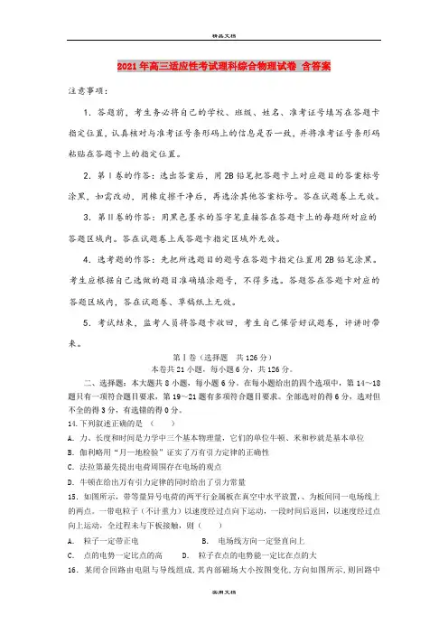 2021年高三适应性考试理科综合物理试卷 含答案