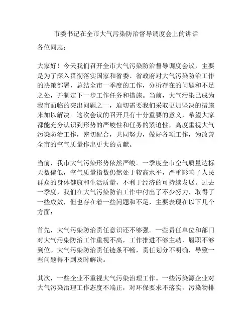 市委书记在全市大气污染防治督导调度会上的讲话