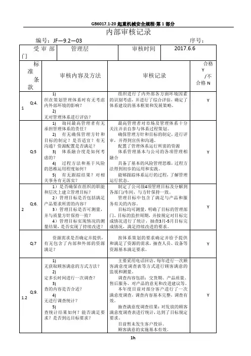 2015版质量体系各部门内审检查表及审核记录