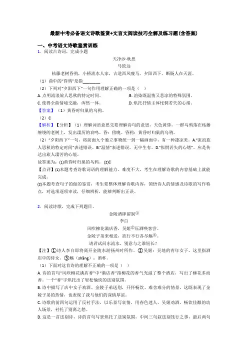 最新中考必备语文诗歌鉴赏+文言文阅读技巧全解及练习题(含答案)
