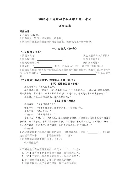2020年上海市中考语文含答案