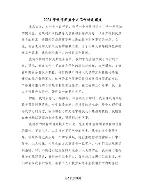 2024年银行柜员个人工作计划范文（五篇）