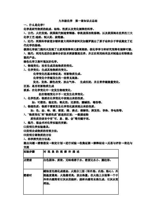 最新 九年级化学第一章知识点总结