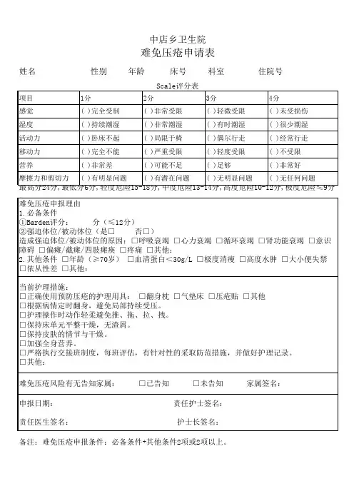 一级医院评审难免压疮申请表