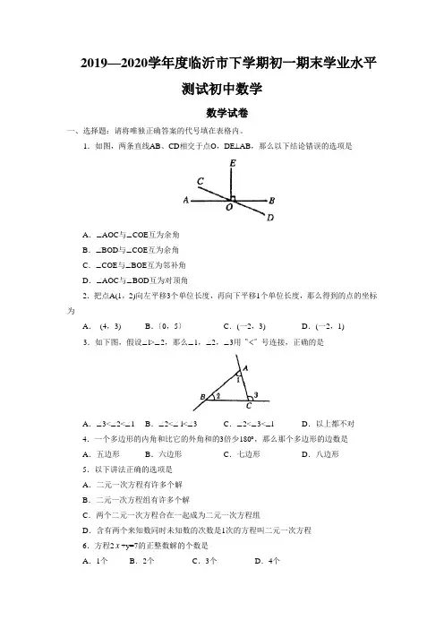 2019—2020学年度临沂市下学期初一期末学业水平测试初中数学