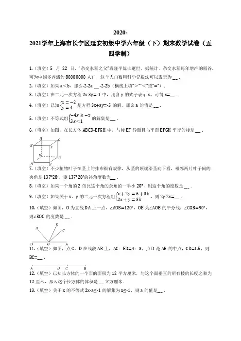 2020-2021学年上海市长宁区延安初级中学六年级(下)期末数学试卷(五四学制)