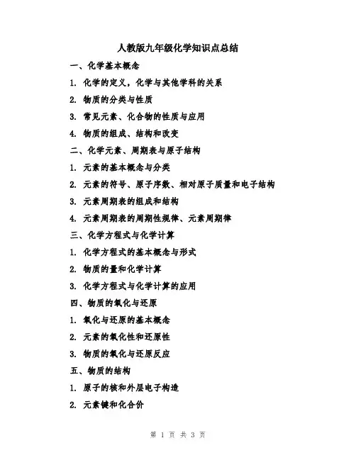 人教版九年级化学知识点总结