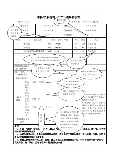 甲供乙供材料(设备)进场验收表