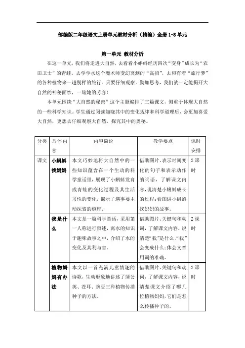 部编版二年级语文上册精编全册单元教材分析(1-8单元)