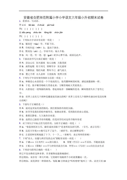 安徽省合肥师范附属小学小学语文六年级小升初期末试卷