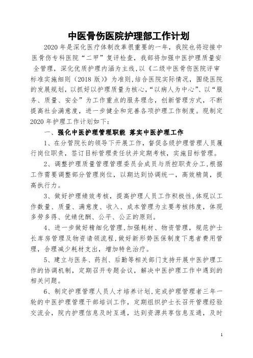 2020年中医院护理部工作计划