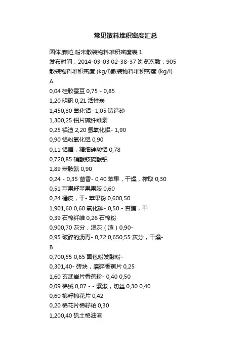 常见散料堆积密度汇总