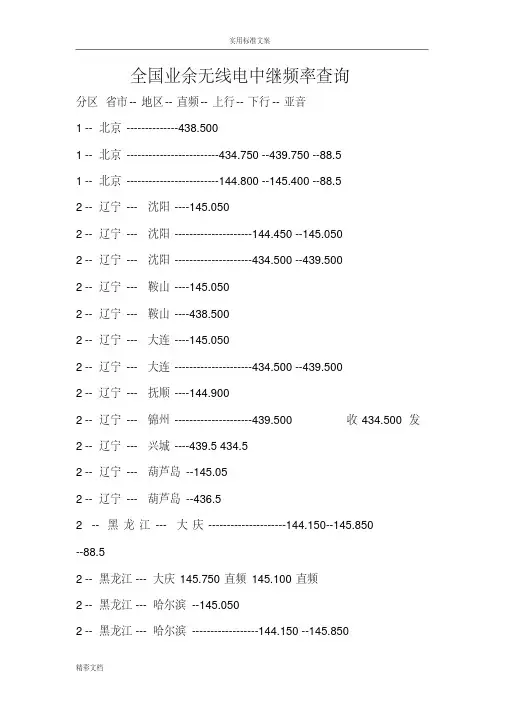 全国业余无线电中继频率查询
