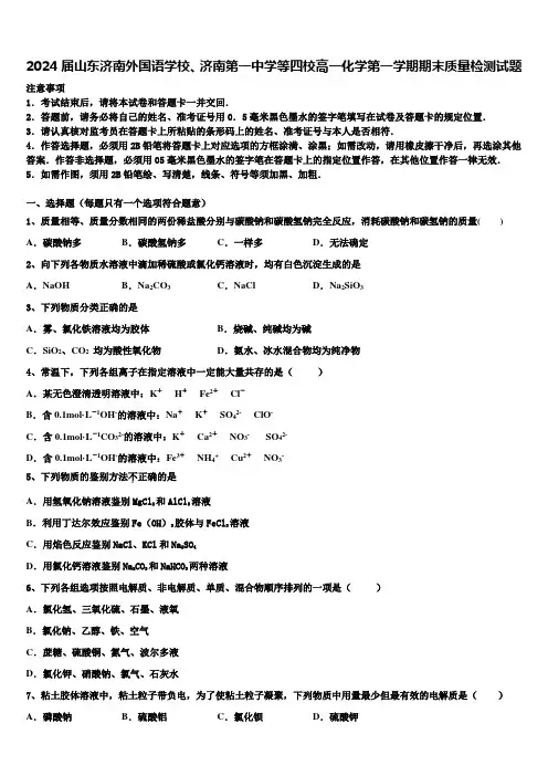 2024届山东济南外国语学校、济南第一中学等四校高一化学第一学期期末质量检测试题含解析