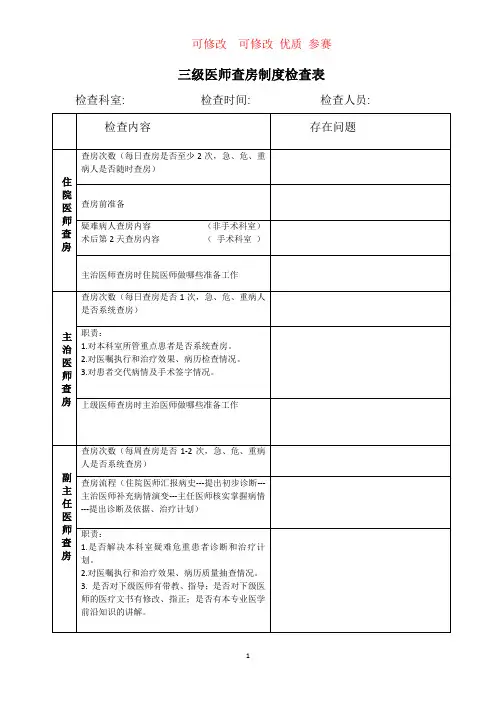 三级医师查房检查表         可修改  可下载 优质 参赛