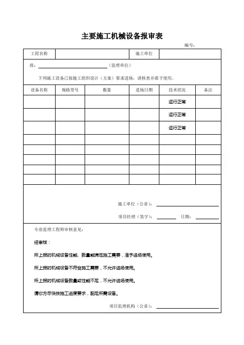 主要施工机械设备报审表