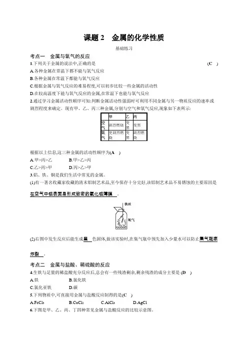 人教版九年级化学下册 8.2 金属的化学性质  同步练习 含答案