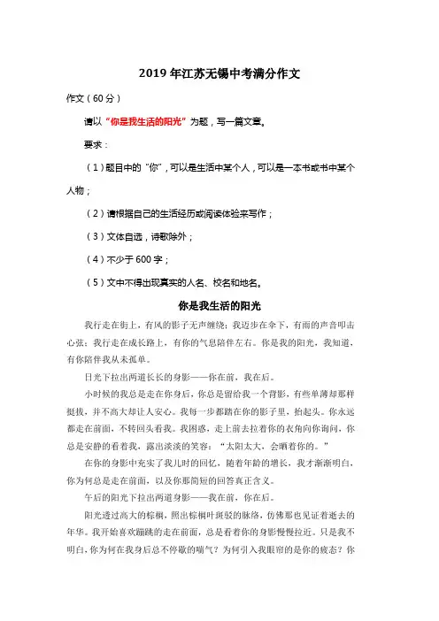 2019年江苏无锡中考满分作文《你是我生活的阳光》21