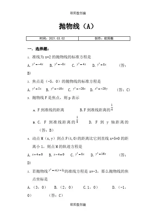 抛物线基础题(含答案)之欧阳数创编