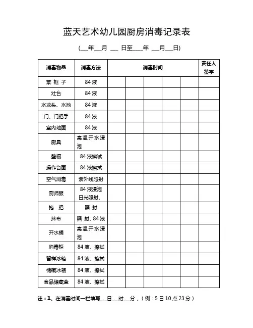 蓝天艺术幼儿园厨房消毒记录表文档