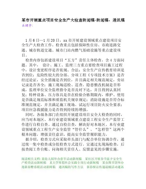 某市开展重点项目安全生产大检查新闻稿[新闻稿、通讯稿]