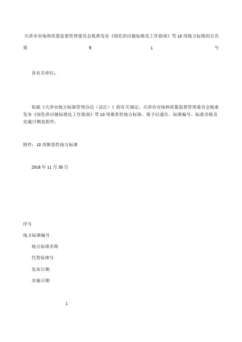 天津市市场和质量监督管理委员会批准发布《绿色供应链标准化工作指南》等项地方标准的公告 第号