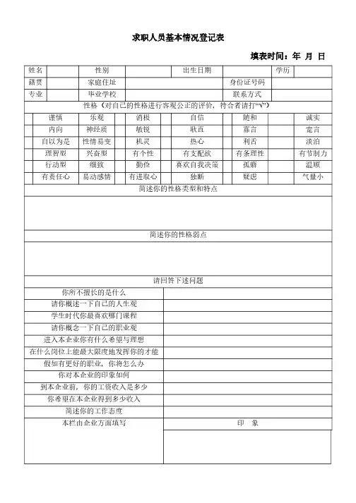 人力资源  HR  应聘登记表