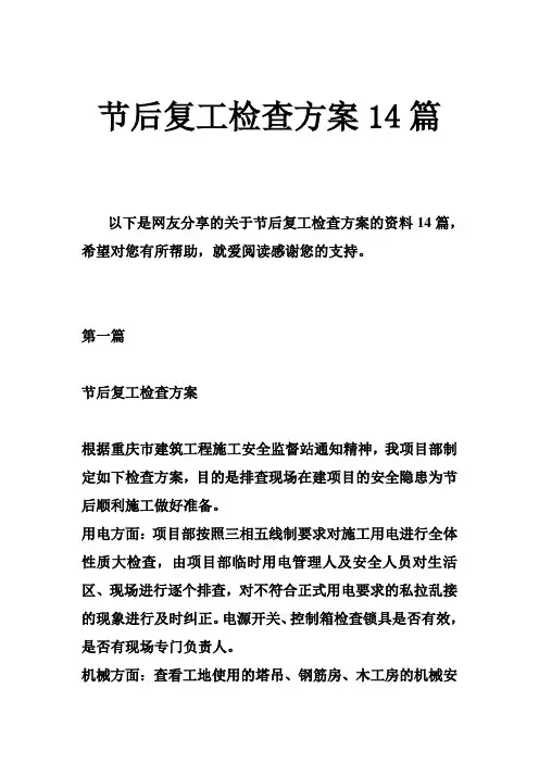 节后复工检查方案14篇