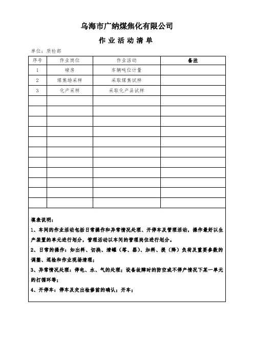 质检部作业活动清单