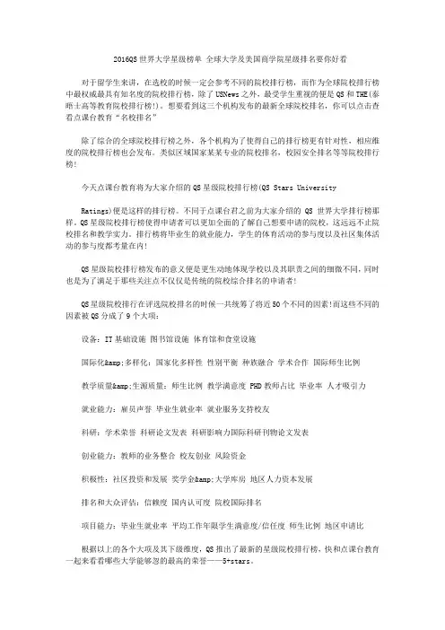 2016QS世界大学星级榜单 全球大学及美国商学院星级排名要你好看