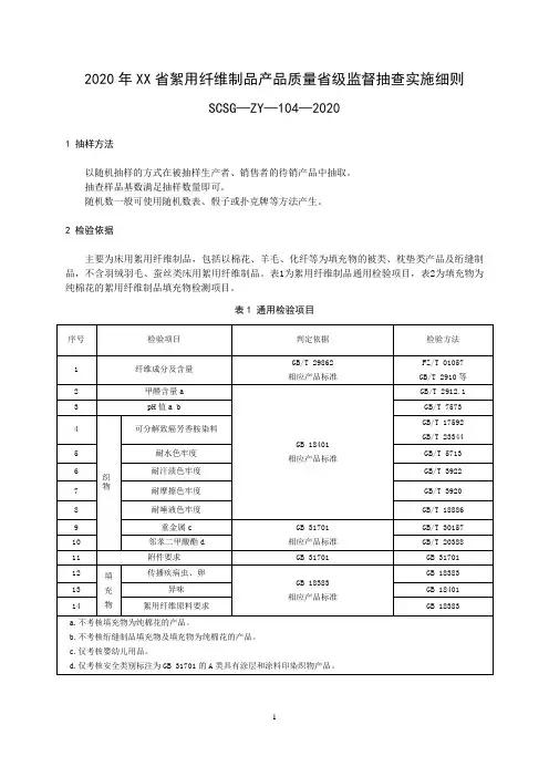 2020年絮用纤维制品产品质量省级监督抽查实施细则