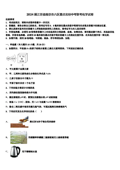 2024届江苏省南京市六区重点名校中考联考化学试卷含解析