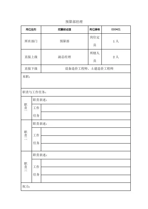 房地产公司预算部经理岗位说明书