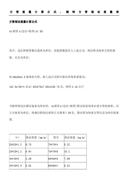 方管重量计算公式镀锌方管理论重量表