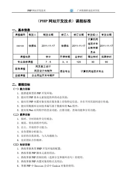 PHP网站开发技术课程标准