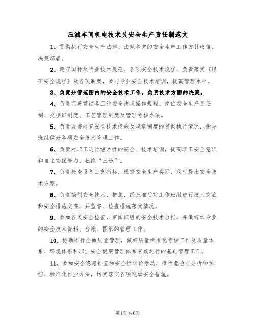 压滤车间机电技术员安全生产责任制范文（3篇）