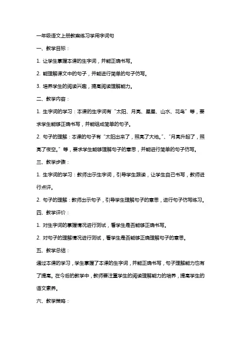 一年级语文上册教案练习学用字词句