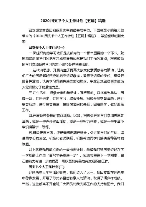 2020团支书个人工作计划【五篇】精选