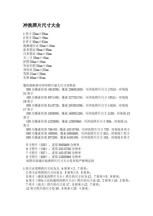 冲洗照片尺寸大全